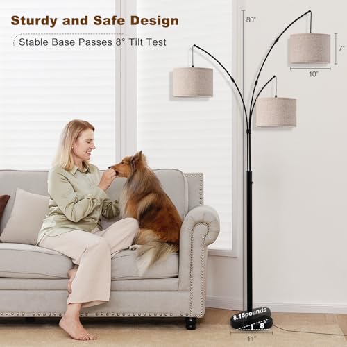3 Light Arc Floor Lamp with Remote, Beige Shade Black Pole - color: Black-Beige Shade, size: 3