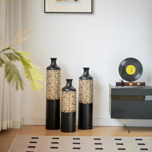 Metal Tall Floor Vase Set of 3, Large Gold Vase Decorative Tall Stand Vases for Dried Flower, Modern Home Decor for Living Room, Hallway, Wedding Centerpiece, 20.8"/24.8"/28.7", Gilded Relief Black - color: Gilded Relief Black