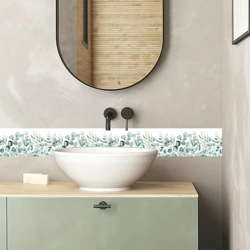 Eucalyptus Wallpaper Border Peel and Stick Green Leaf Botanical Trim - color: Green/White, size: 3.9" x 196.8"