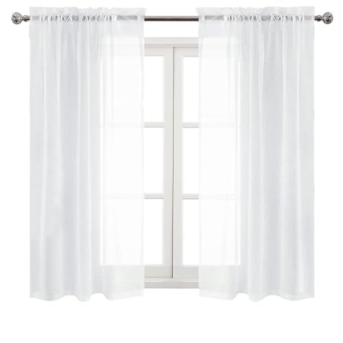 DWCN White Sheer Curtains 45 Inch Long for Living Room Rod Pocket 2 Panels - color: White, size: 42"W x 45"L (Pack of 2)