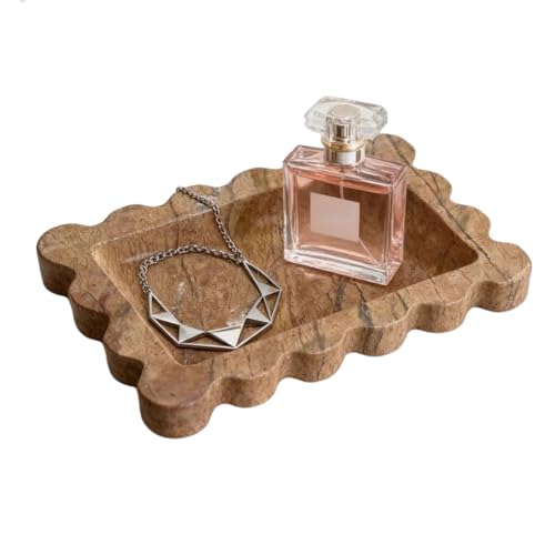 Natural Samll Marble Tray 6.3"x4.7",Rectangle Scalloped Tray for Women Home Décor (Rainforest Brown)