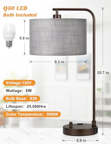 20.7" Tall Table Lamp with USB & Outlet, Fully Dimmable Nightstand Lamp - color: H-Gray Shade & Brown Base