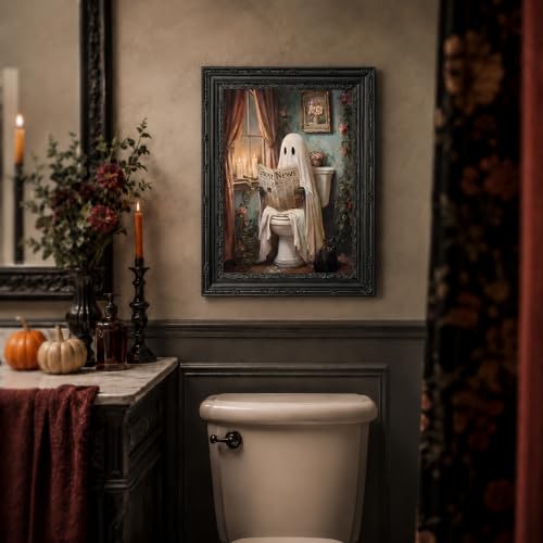 Kofeehic Black Framed Halloween Ghost Bathroom Wall Art Vintage Spooky Horror Ghost On Toilet Reading News Wall Decor Canvas Print Dark Academia Pictures Halloween Painting for Home Restroom 9x11in - color: Flower Ghost, size: 11"L x 9"W