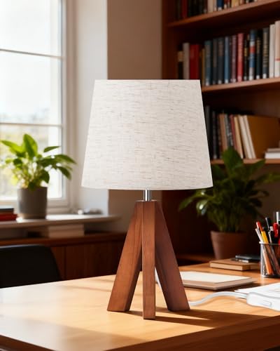 Tripod Table Lamp, 14.6 Inch Small Bedside Lamp with Beige Linen Shade, Modern Nightstand Lamp for Bedroom, Kids Room, Living Room, Nursery, Office, E26 Socket, Dark Wood Base, LE51TL05 - color: Beige+Pearwood