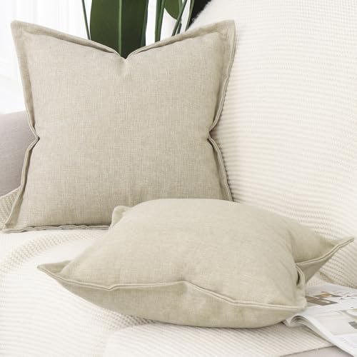 MADIZZ Pack of 2 Faux Rustic Linen Throw Pillow Covers with Flange Edge Soft Boho Natural Decorative Pillowcases for Sofa Living Room Modern Throw Pillows for Bed 24x24 Inch Beige - color: Beige, size: 24" x 24" (Pack of 2)