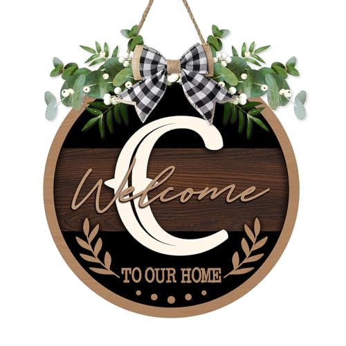 Monogram Letter C Front Door Sign, Welcome to Our Home Family Last - color: C