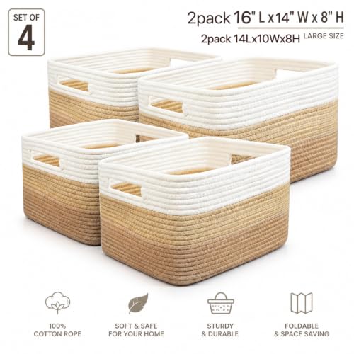 4 sets of hand-woven cotton rope storage boxes, suitable for toys, books, clothes, bathrooms, car trunks used for organizing decoration, Khaki color Two 16x14x7 in two 14x10x7in - color: Coffee color