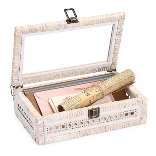 Hipiwe Handwoven Rattan and Wood Display Box with Clear Lid, Whitewash - color: Whitewash Color, size: X-Small, 9.8"x5.9"x3.1"