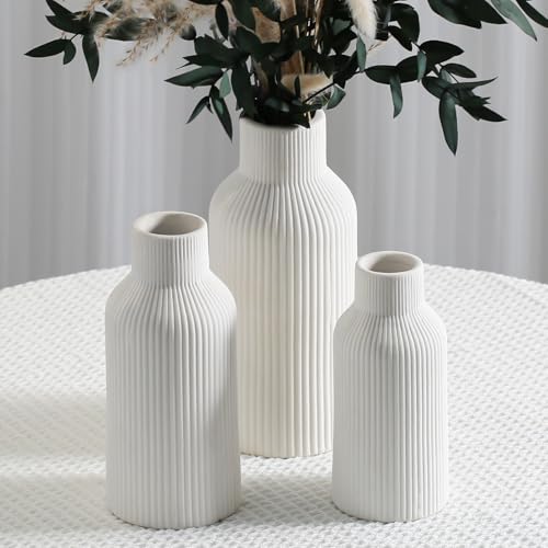 Bohemian White Ceramic Vase - for Pampas Grass, Mantel, Bookshelf, Entryway and Living Room Decor (White, Set of 3) - color: White, size: Set of 3-Round