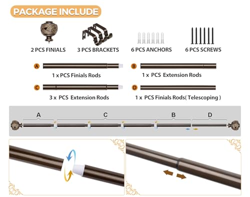 USFOOK Curtain Rods for Windows 48 to 84 Inch, Bronze, Leaf Finials - color: Bronze, size: 48-84"