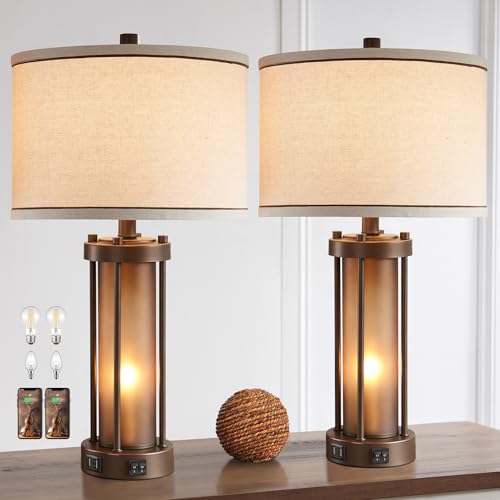 Set of 2 Farmhouse Table Lamps for Living Room with 2 USB Charging Ports - color: Brown
