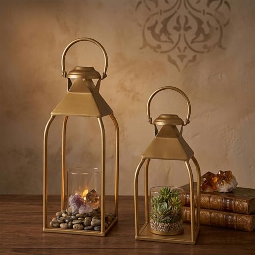 Decorative Metal Lanterns Indoor Outdoor, Candle Holder for Porch, Patio, Fireplace, Floor, Wedding, Christmas, Fall, Holiday, Farmhouse Table Centerpiece (Antique Gold, Set of 2 15.7" 12") - color: Antique Gold, size: Set of 2 15.7" 12"