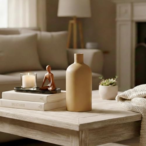 Neutral Boho Ceramic Brown Decorative Vase, Modern Matte Minimalist Vases for Shelf, Coffee Table, Living Room & Fireplace Mantel Decor