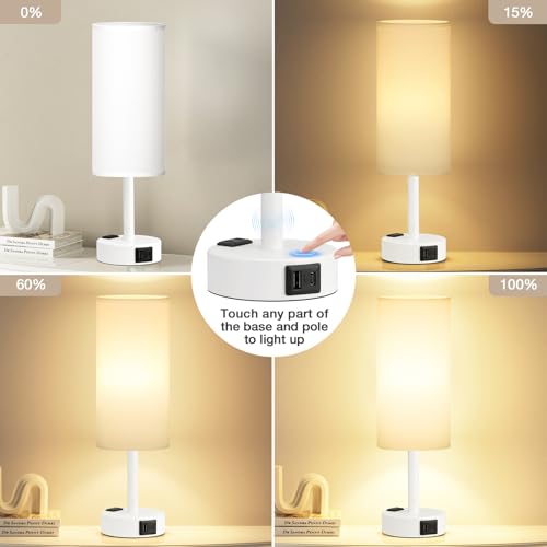 Fenmzee White Bedside Lamp for Bedroom, Dimmable Touch, USB A+C, AC Outlet - color: White - White, size: 14"