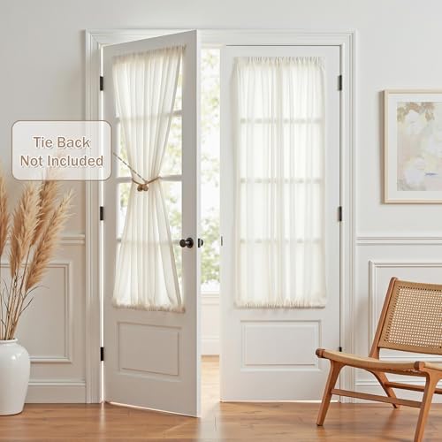 MYSKY HOME Natural French Door Curtains for Door Window 40 Inch Long Short Semi Sheer Light Filtering Curtain for Small Window Drapes Rod Pocket for Bedroom Bathroom, Beige White, 26" Wide, 2 Panels - color: Beige White, size: 26"W x 40"L (Pack of 2)