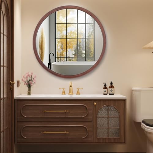 Round Walnut Woodgrain Frame Wall Mirror 20" Farmhouse Decorative Mirrors - color: Walnut