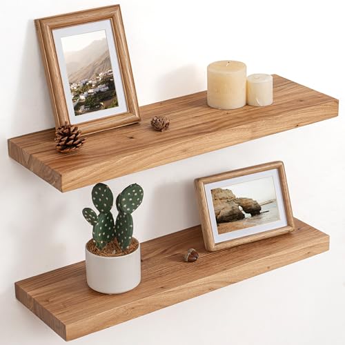 Floating Shelves for Wall, 8" Deep Elm Wood Shelves, 24in Set of 2, Natural - color: Natural, size: Flat Edge, 24inch, 2Packs