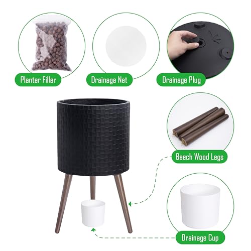 D'vine Dev Planter Pot with Wood Stand, 14 in, Matte Black, 88-Z-D-2 - color: Matte Black, size: X-Large