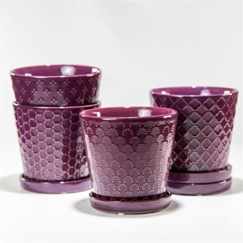 EFISPSS Ceramic Plant Pots, 5 Inch Planters with Drainage Holes and Ceramic Tray, Relief Design Flower Planter, Desktop Office Windowsill Decoration Gift Set of 4 - Plum - color: Plum