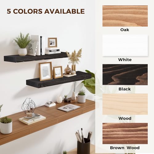 Solid Wood Floating Shelves, 24 Inch Wall Shelves, Set of 2, Black - color: Black, size: 24x8x1.6