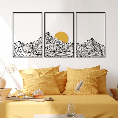 DecoSoul Mountain and Sun Metal Wall Art, Set of 3 Nature Minimalist Home Decor, Mountain Range Panels Modern Wall Art, Sunset Sunrise Framed for Living Room, Housewarming Gift - style: Mountain and Sun