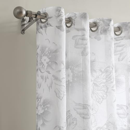 LinenZone 54x96 White Curtains with Charcoal Print. (Flora 54x96 Charcoal) - color: Charcoal, size: 54"W x 96"L (Pack of 2)