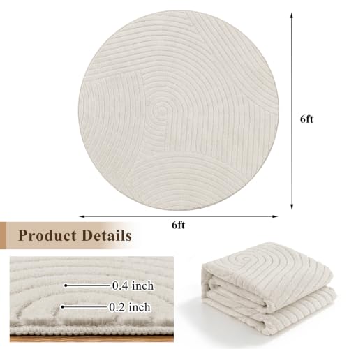 U'Artlines 6 Ft Round Area Rug, Washable Neutral Beige Modern High-Low Pile - size: 6' (Round)