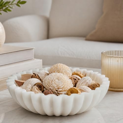White Marble Style Decorative Bowl, Entryway Console Centerpiece - color: White - Scalloped