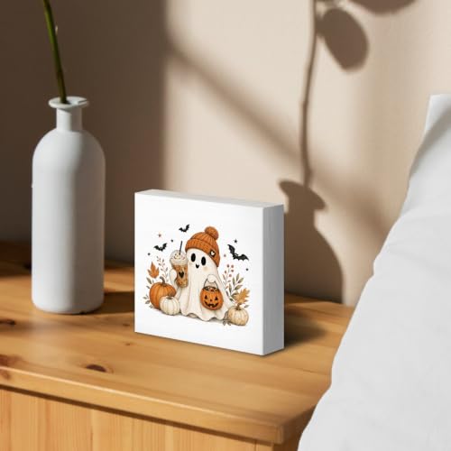 Halloween Fall Ghost Coffee Pumpkin Wood Box Sign Desk Decor 5X5 - color: Cozy Ghost