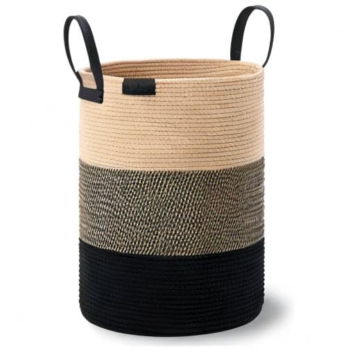 VIPOSCO 72L Tall Woven Rope Laundry Hamper, Leather Handles, Brown & Black - color: Brown & Black, size: 72L