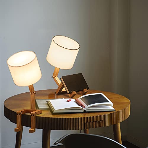 Robot Desk Lamp Set of 2, Creative Bedside Lamp for Bedroom,Wooden Lamp Body Adjustable,DIY E26 Living Room Table Lamps with Fabric Shade,Modern Indoor Decorative Lighting, TB-QBT005-WHM2 - style: Style(Two set)