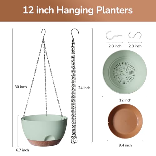 12 Inch Hanging Baskets for Plants Outdoor, Hanging Planters for Indoor Outdoor Plants, Hanging Planter with Self Watering, Hanging Flower Pots (Green) - color: Green, size: 12 Inch