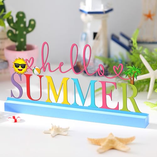 Yaocom 11.81 Inch Hello Summer Metal Table Sign with Wooden Base - style: Summer