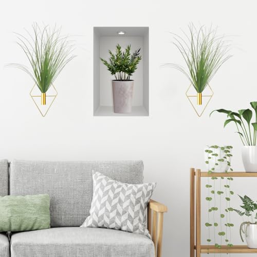 Hanging Planters with Artificial Plants, 2pcs Diamond Shape Metal Hanging Vase with Artificial Shrubs Wheat Grass Greenery Indoor Plants Holder Wall Decor for Home Living Room Bedroom Office (Gold) - color: Gold
