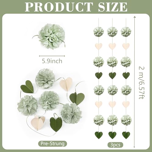 Sage Green Party Decoration Tissue Flowers Pom Pom with 3D Heart Hanging Paper Garland Banner Streamer for Birthday Wedding Shower Valentines Day Woodland Neutral Themed Party Home Decor Supplies - color: Sage Green Beige Heart