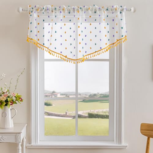 3 Pieces Boho Sheer Valances for Windows, Cute Pom Pom Rod Pocket Light Filtering Short Valance Curtains with Tassels for Nursery Kids Bedroom Bathroom Cafe (Yellow A,55"x24") - color: Yellow a