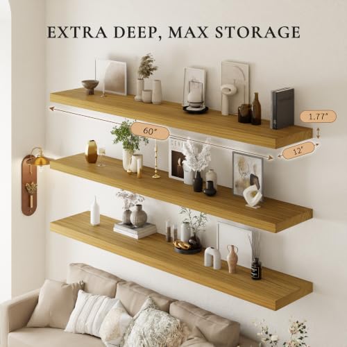 60" Extra Deep Floating Shelves, Set of 3, Natural Wood - color: Natural, size: 3T60IN