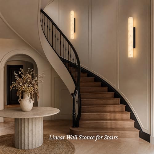 Artisan Alabaster Wall Sconces Set of 2, 36in Matte Black Linear Sconce, Faux Alabaster Sconce for Bathroom Vanity, 3000K Dimmable Hardwired Modern Wall Sconces for Bedroom Living Room Hallway - color: Black-36in-2Pcs
