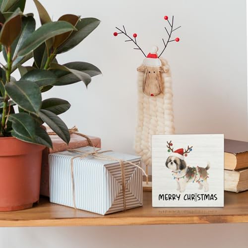 Shih Tzu Merry Christmas Wooden Box Sign Desk Decor, Shih Tzu Gifts, Christmas Dog Wood Block Sign for Home Bedroom Office Desk Table Shelf Wall Decorations, 5x5 Inch - color: Shih Tzu