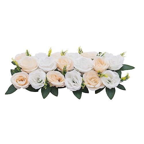 DYNAMI Wedding Dining Table Flower Centerpiece,10Pcs 19.7 * 9.8 in Artificial Rose Flowers Arrangements, Table Runner Road Lead Decorations Floral Centerpiece,for Party Table Decor (Champagne+White)
