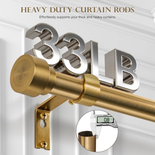 Brushed Brass Curtain Rods 32 to 120 Inch for Windows, 1 Inch Heavy Duty Adjustable Curtain Rod with Modern Solid Metal Finials, Antique Warm Gold Long Drapery Rod for Living Room & Bedroom - size: 32"-120"