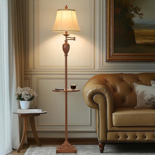 Traditional Floor Lamp with Tray, Remote Dimmable,350° Swing Arm and Walnut - color: Walnut-2