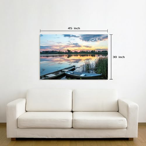 Dream Land Lake Landscape Canvas Wall Art: Green Water Wilderness Painting Relaxing Dusk Scenery Picture for Living Room - color: boat, size: 45"L x 30"W