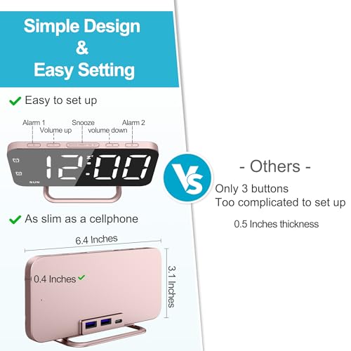 Slim LED Digital Alarm Clock, Mirror Surface for Makeup, with Diming, Large Display, Easy Setting, USB Ports, Modern Decor for Bedroom, Desk, Christmas, Birthday Idea Gift for Women, Sister, Mom, Pink - color: Rosegold