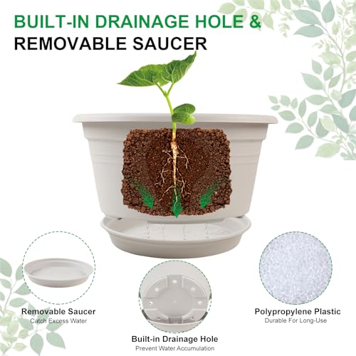 6 Pack 10 inch Plant Pot, Shallow Planters with Drainage Holes, Gray White - color: Gray White, size: 10 Inch - 6Pack