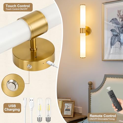 Gold Battery Operated Wall Sconces Set of 2 with White Glass Lamp Shade - color: Gold(White Glass)