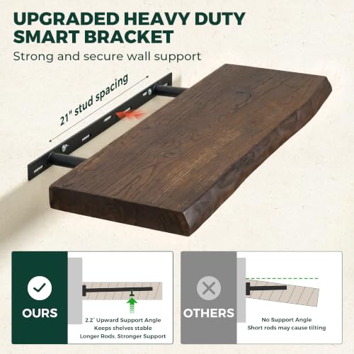 55in Live Edge Solid Elm Floating Shelves, Walnut, Set of 1 - color: Walut Color, size: Live Edge 55 inch, 1Pack