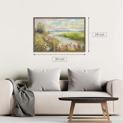 HILL WEST Rustic Landscape Painting Lake Framed Wood Wall Art, 36x24inch - color: Stream, size: 36"L x 24"W