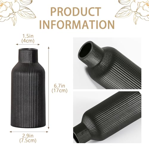 Bohemian Black Ceramic Vase - for Pampas Grass, Mantel, Bookshelf, Entryway and Living Room Decor (Black, 7in) - color: Black, size: 7in-Round