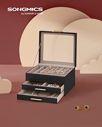 SONGMICS Jewelry Box Organizer, 3-Layer Storage with 2 Drawers, Glass Lid - color: Ink Black + Gold, size: 3 Layer (8"d X 9.1"w)